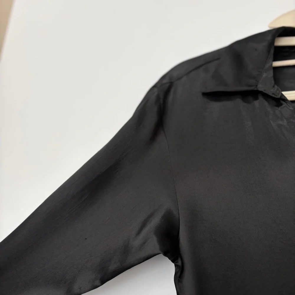 Zara Black Satin Long Sleeve Wrap Collared Short‎ Dress Size XS